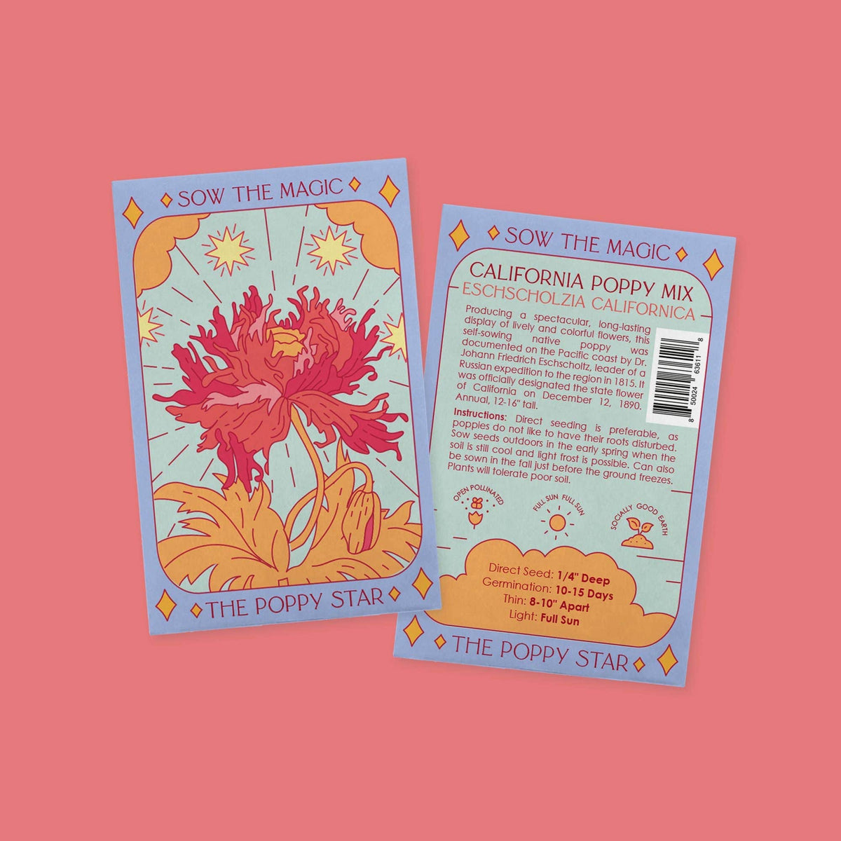 Two illustrated packets of The Poppy Star Tarot Garden Seed Packet by Sow the Magic are shown on pink. The front features an orange-red poppy; the back gives planting tips and care for these premium organic seeds.