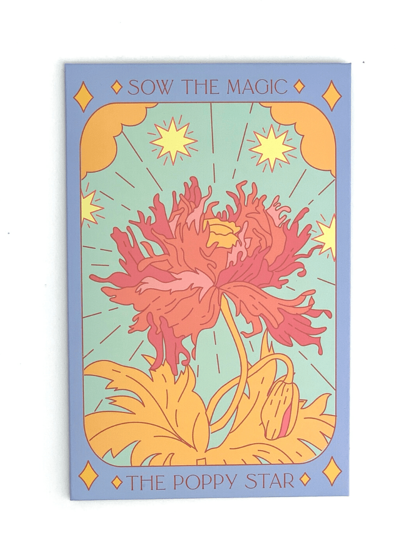 The Poppy Star Tarot Garden Seed Packet by Sow the Magic features a vibrant card with a large red poppy, yellow leaves, and green background with yellow stars, plus a purple border with orange diamonds and product branding.