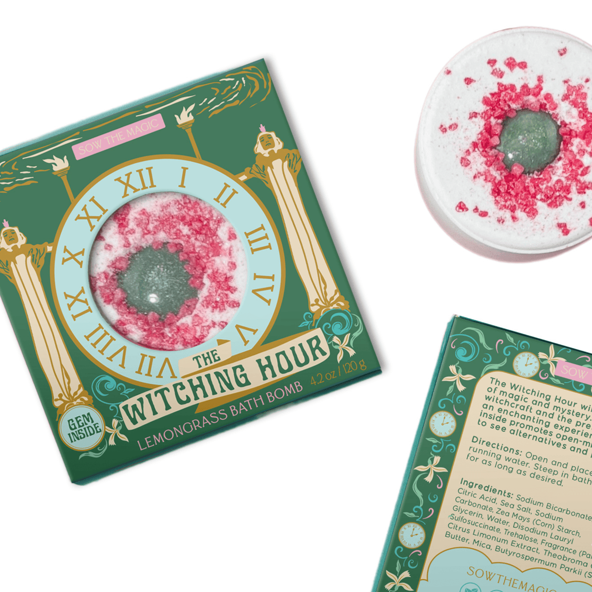Sow the Magic’s The Witching Hour Lemongrass Bath Bomb with Aventurine comes in a box with a clock design, inspiring relaxation and witchcraft creativity with its soothing scent.