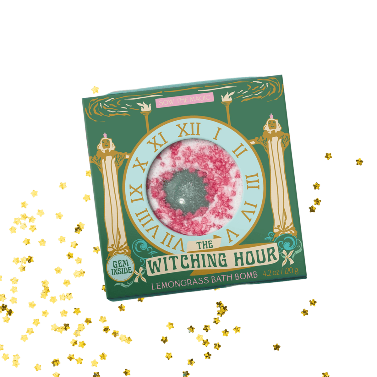 A green and gold box labeled Sow the Magic’s The Witching Hour Lemongrass Bath Bomb with Aventurine features a lemongrass-scented, pink and green bath bomb, accented by gold star confetti for magical flair.