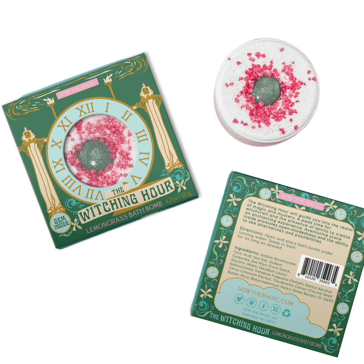 A Sow the Magic “The Witching Hour Lemongrass Bath Bomb with Aventurine” box in green and gold, with clock design, is shown next to a white bath bomb with green center and pink crystals; back of box displays directions.