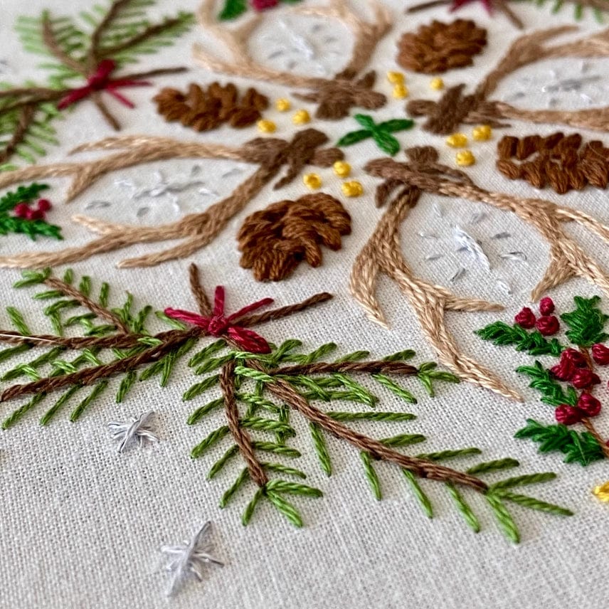 Close-up of the 6 Winter Woodland Mandala DIY Embroidery Kit by Stitches By Tiff, featuring pinecones, green needles, red berries, and white accents—a festive winter design perfect for your next craft project.
