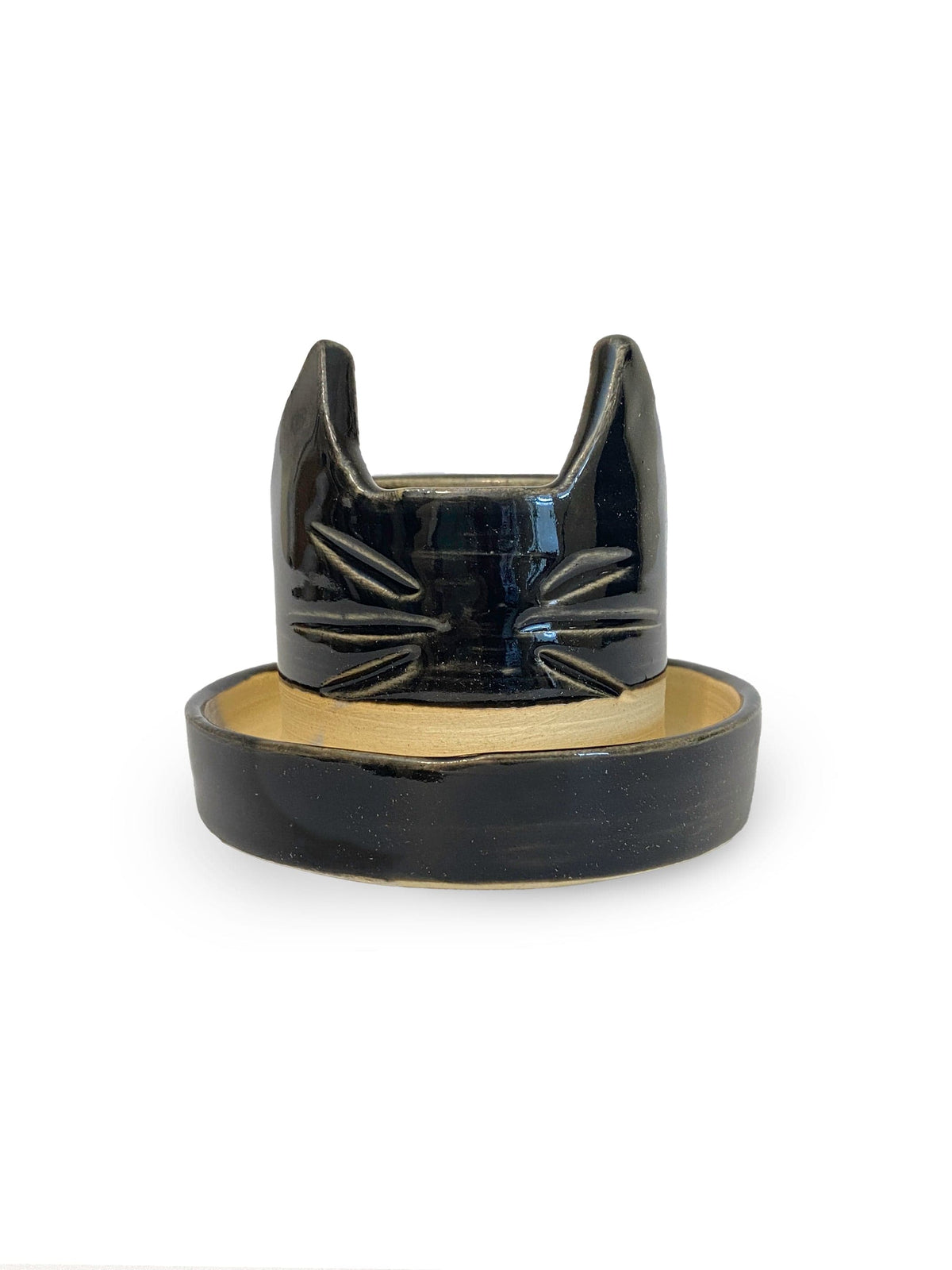 A 2.5 Small Ceramic Black Cat Planter by Swan City Ceramics, crafted from white stoneware with pointy ears and whiskers, is pictured against a clean white background.