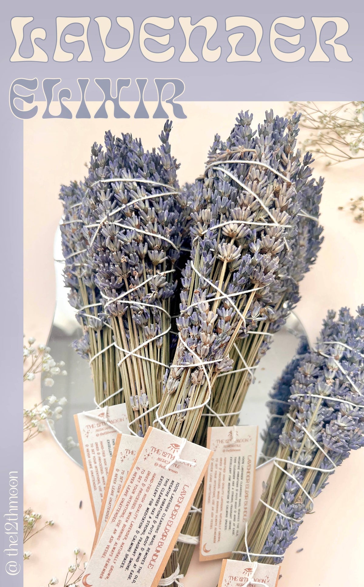 Five Lavender Elixir Smoke Cleansing Bundles by The 12th Moon, tied with white string and tagged, are arranged on a pale surface—highlighting this soothing alternative for gentle energy cleansing.