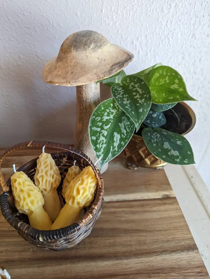 A small wicker basket holds three Mini Morel Mushroom Beeswax Candles by The Ramblin Bee, displayed on a wooden surface beside a wooden mushroom ornament and a potted plant with green and white spotted leaves.