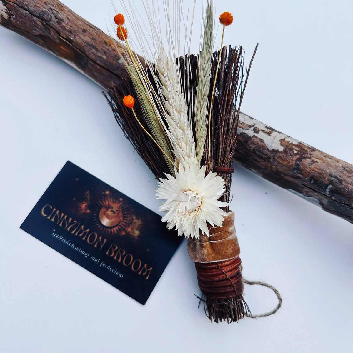 Topanga Window Decorated Cinnamon Broom with Dried Autumn Harvest Florals