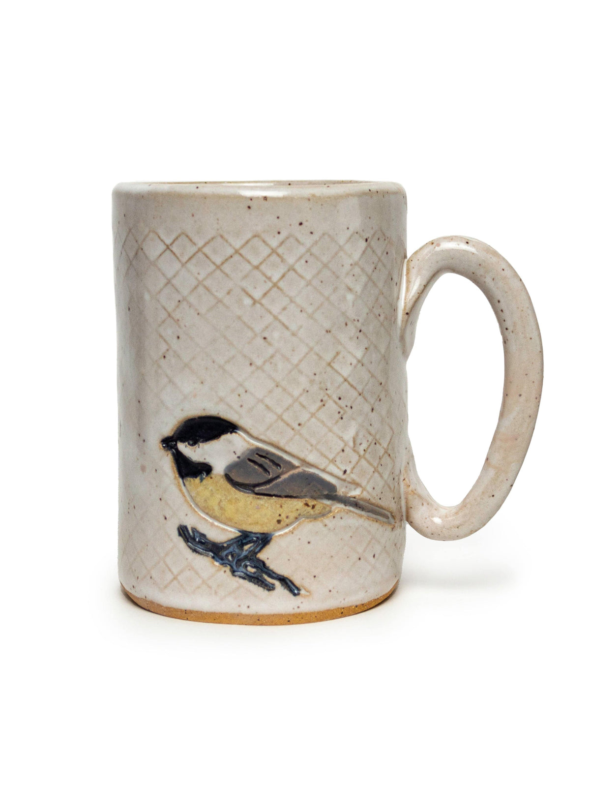 The White Squirrel Clayworks Chickadee Design Handmade Ceramic Mug (16oz, white) features a hand-painted black-capped bird on textured stoneware with a rounded handle and rustic design.