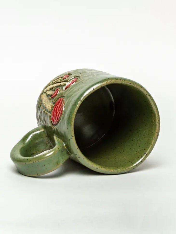 White Squirrel Clayworks Pottery Mushroom Design Handmade, in Ohio, Ceramic Green 10oz Mug