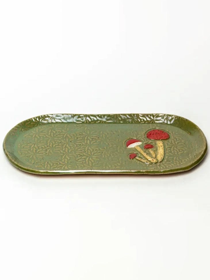 White Squirrel Clayworks Pottery Mushroom Design Handmade, in Ohio, Ceramic Green Platter