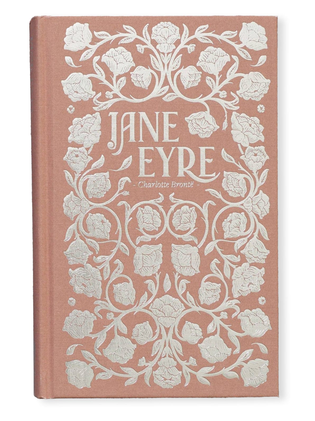 The Wordsworth Classics hardcover edition of Jane Eyre by Charlotte Brontë comes in pink with an ornate white floral design and elegant lettering on the front.