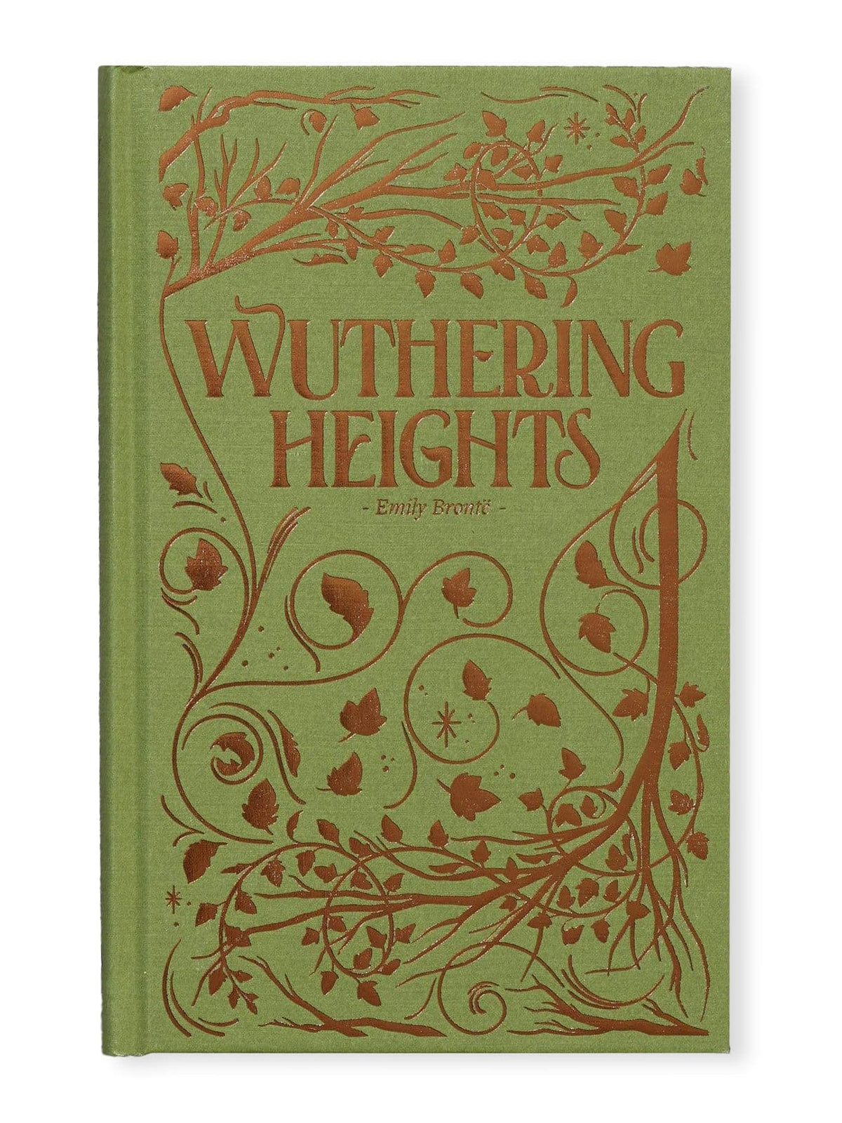 The Wordsworth Classics edition of Wuthering Heights by Emily Brontë features a green hardcover with embossed bronze vine and leaf designs framing the title and author—an eye-catching addition to any classic collection.